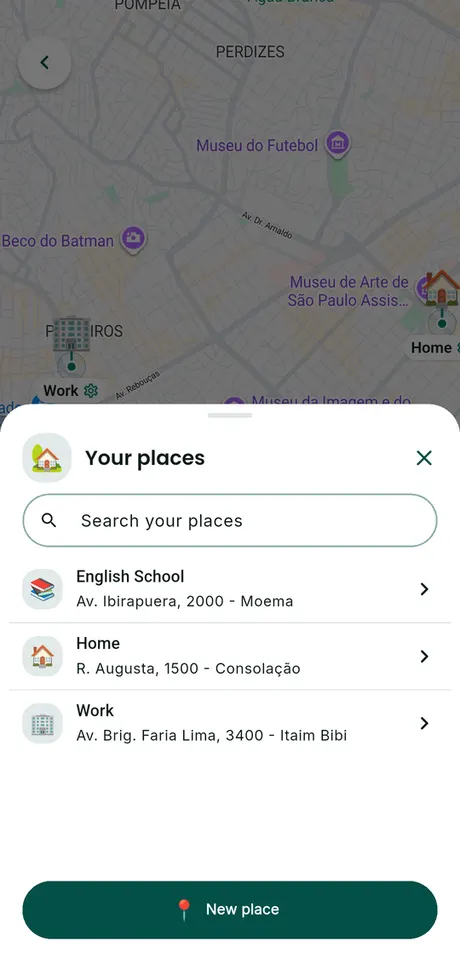 Gotyu Places screen: the Your Places sheet with search and the list of saved places