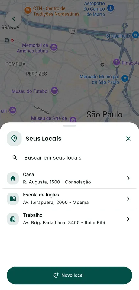Tela Locais do Gotyu: a folha Seus Locais com a busca e a lista de lugares cadastrados