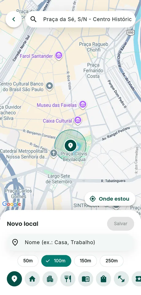 Tela Novo local do Gotyu: o mapa com o raio do local, o nome, o raio e o ícone
