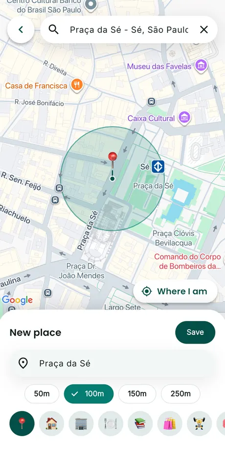 Gotyu New place screen: the map with the place radius, the name, the radius and the icon