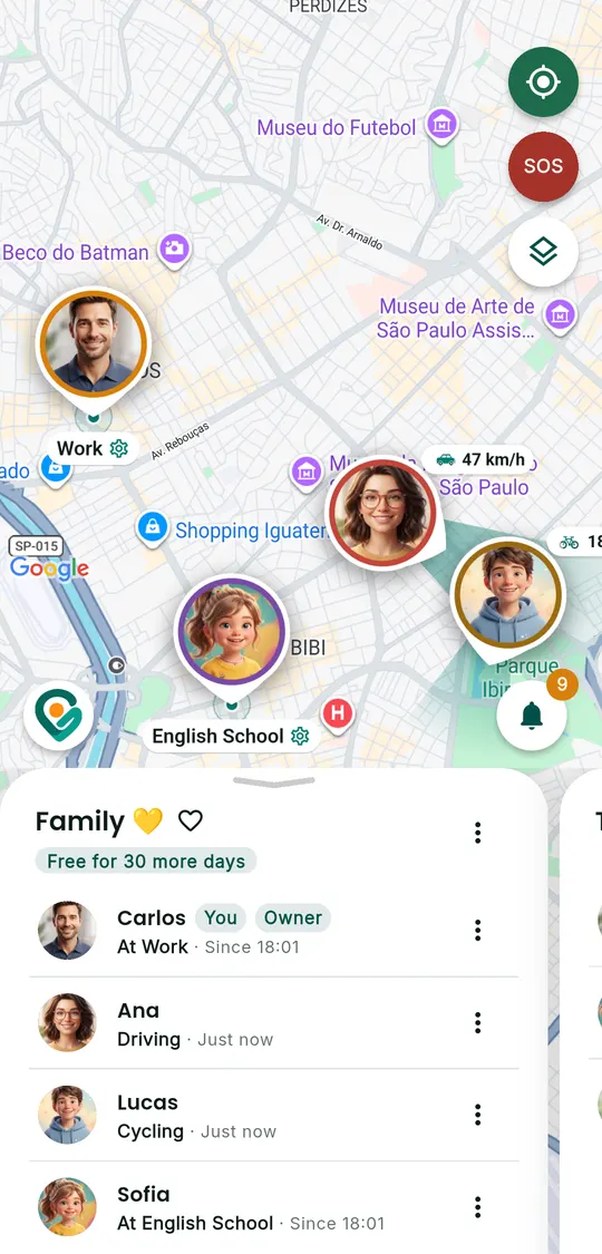 Gotyu home screen: the map with the people of the Family circle and the panel showing where each one is