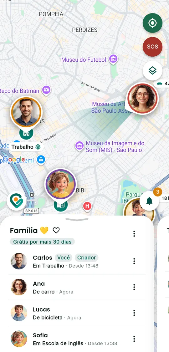 Tela inicial do Gotyu: o mapa com as pessoas do círculo Família e o painel com quem está em cada lugar