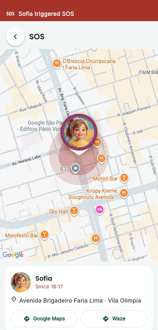 Gotyu SOS screen: the alert "Sofia triggered SOS", her photo on the map with the red halo, the address and the Google Maps and Waze buttons