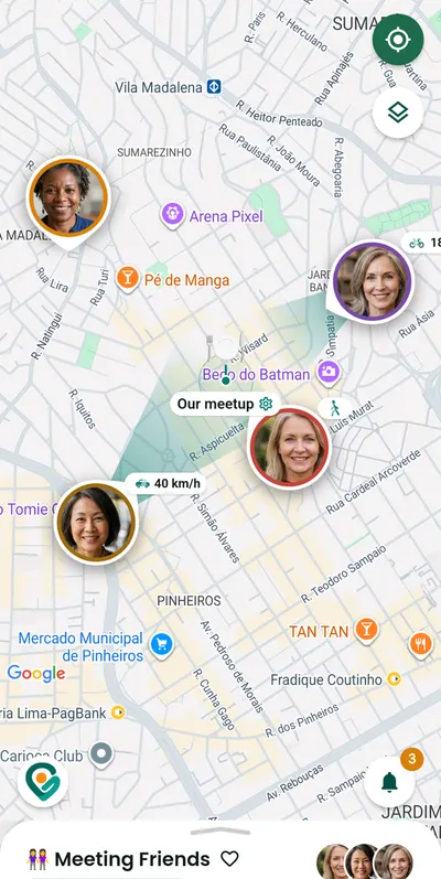 Gotyu screen with the Friends Meetup circle: four friends on their way to the place Our meetup