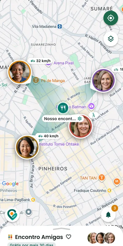 Pantalla de Gotyu con el círculo Encuentro Amigas: cuatro amigas en camino al lugar Nuestro encuentro