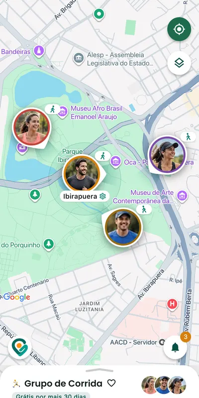 Pantalla de Gotyu con el círculo Grupo de Running: cuatro personas corriendo en el Parque Ibirapuera