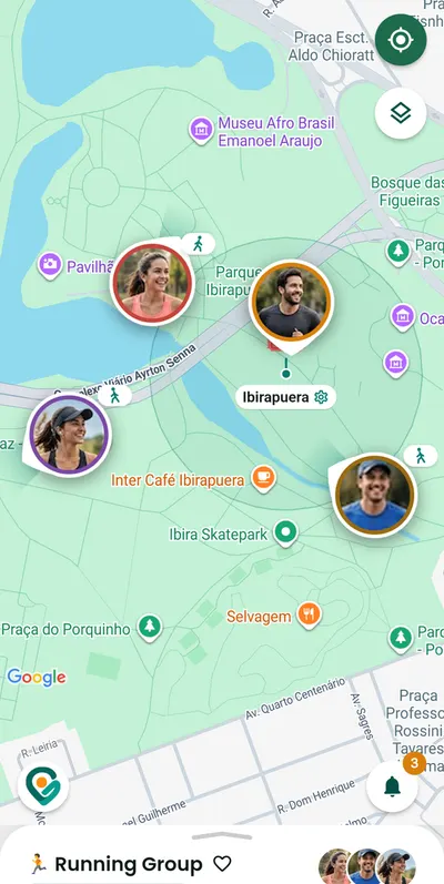 Gotyu screen with the Running Group circle: four people running in Ibirapuera Park