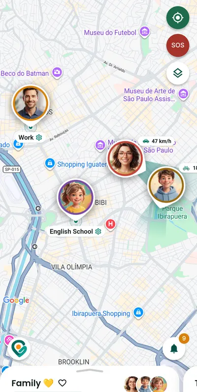 Gotyu screen with the Family circle: four people on the map and the places Home, Work and English School