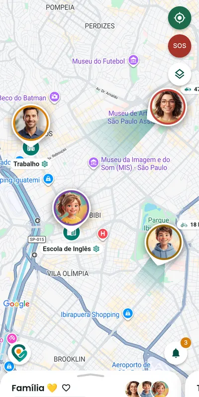 Pantalla de Gotyu con el círculo Familia: cuatro personas en el mapa y los lugares Casa, Trabajo y Escuela de Inglés